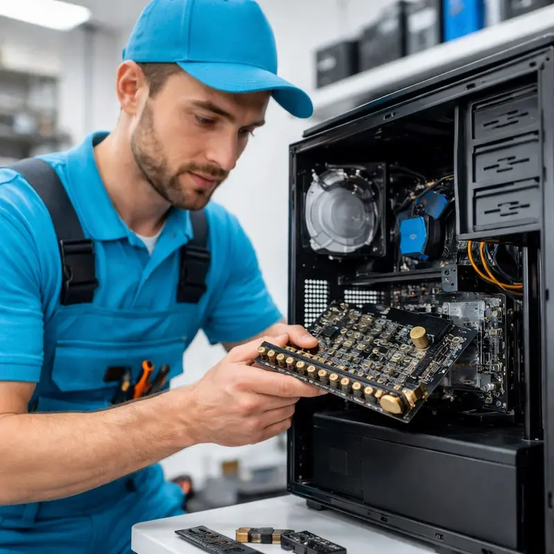 Мастер устанавливает звуковую карту на ПК в Слободском